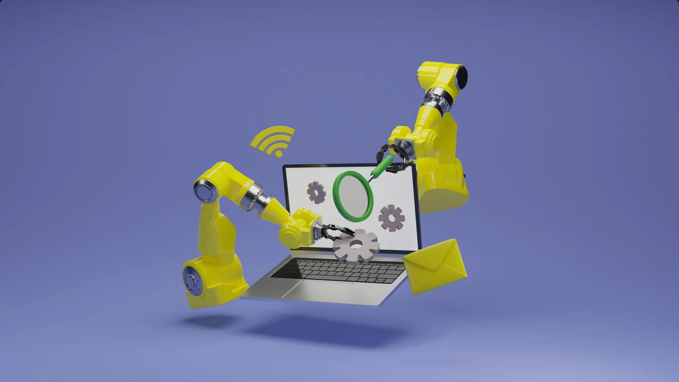 A 3d render of two yellow robotic arms, one holding a cog and the other a green magnifying glass. They are positioned around an open laptop displaying a white background picture with two more cogs on it. There is a yellow wifi symbol and envelope floating around the laptop. The background is light purple.